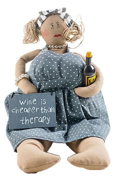 kantensitzer lady mit schild -wine is cheaper than therapy- baden 2188858